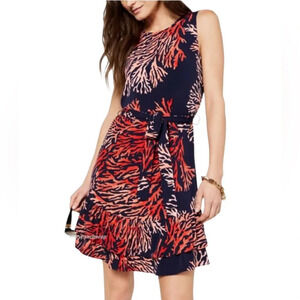 Michael Michael Kors Coral Sea Print Belted Mini Dress Ruffle Hem Navy Size XS